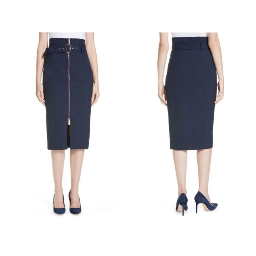 Ted Baker XL (5) Navy Kaara Midi Front Zip High Waist Belted Pencil Skirt
